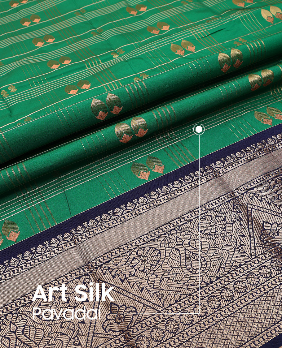 Green art silk pavadai set, zari design with contrast traditional zari bordered skirt and a contrast zari design blouse