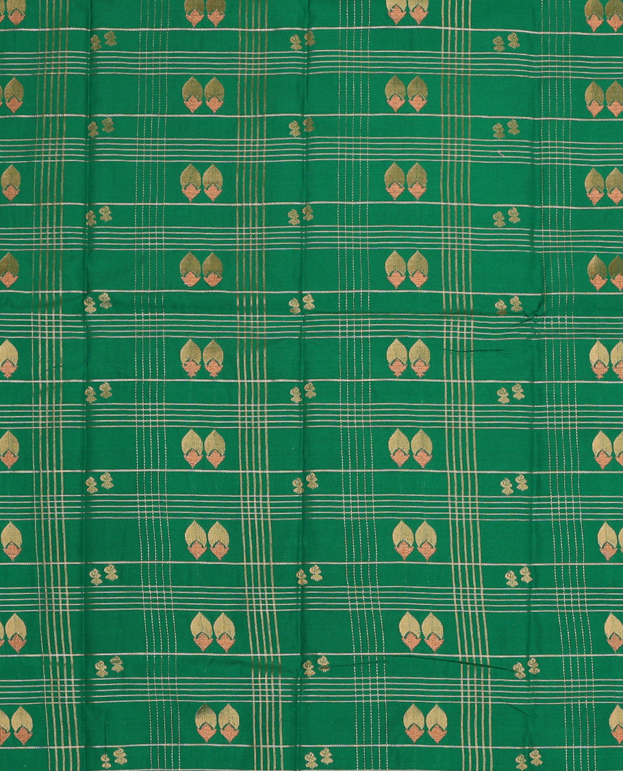 Green art silk pavadai set, zari design with contrast traditional zari bordered skirt and a contrast zari design blouse