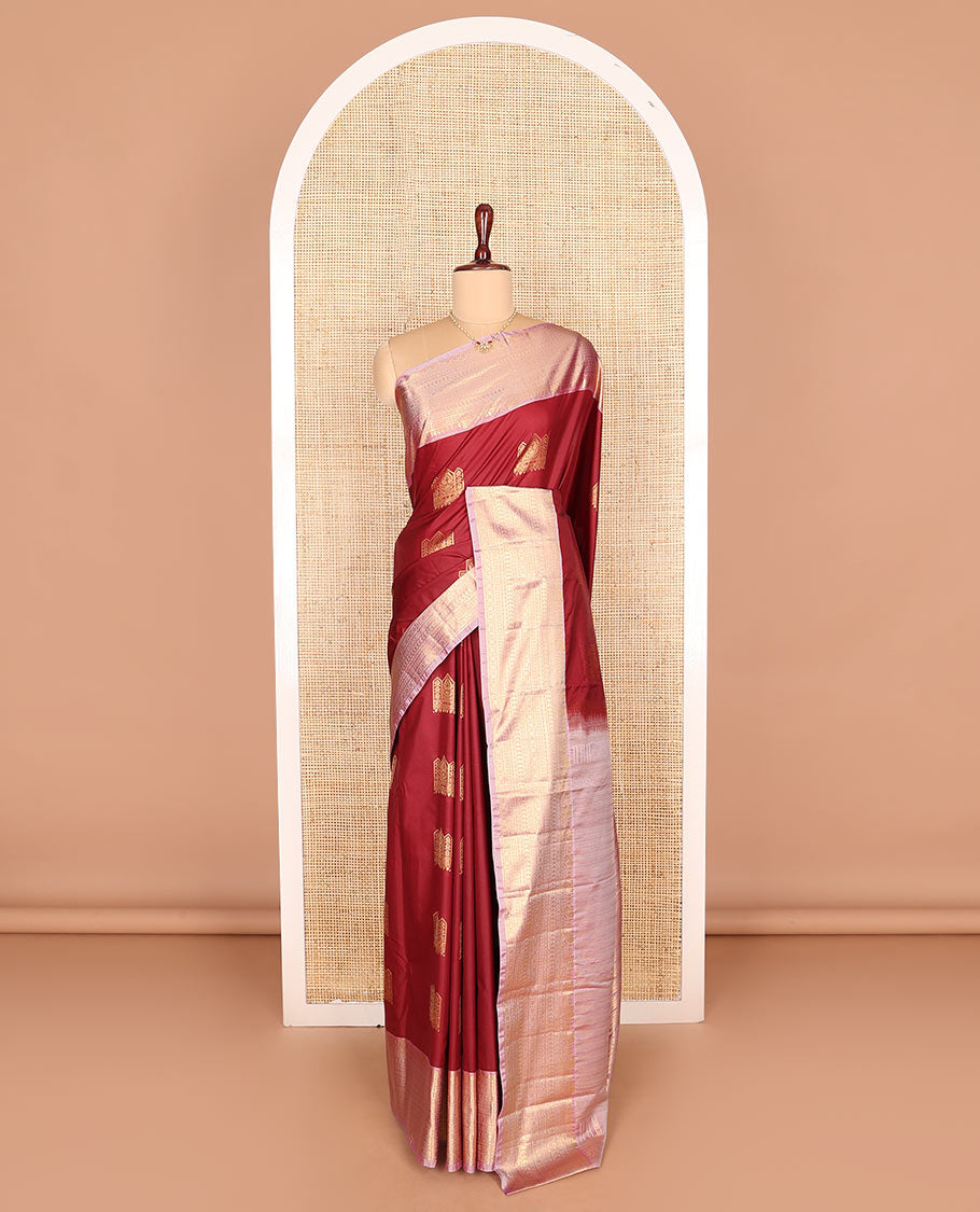 Maroon zari buttas budget silk saree, contrast traditional zari design border, and pallu steeped with traditional motifs