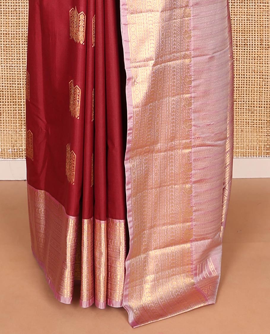 Maroon zari buttas budget silk saree, contrast traditional zari design border, and pallu steeped with traditional motifs
