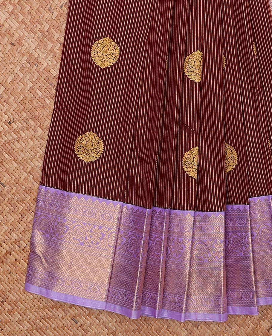 Maroon zari buttas and striped gift saree, contrast traditional zari design woven border, and jaal pallu