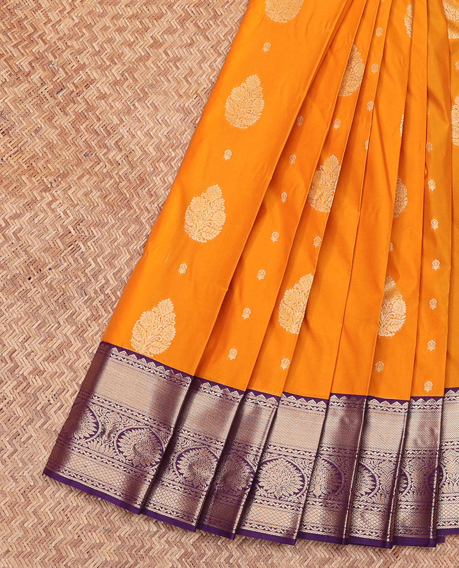 Orange Budget Silk Saree, Gleamed Up with Zari Buttas All Over Its Body, Complemented by a Contrast Traditional Zari Design Border, Sparsely Woven Jaal-Patterned Pallu, and Paired with a Contrast Blouse