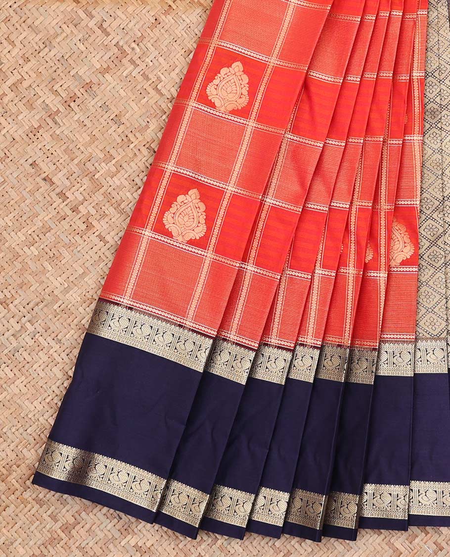 Orange Budget Silk Saree, Enriched with Zari Butta Enclosed Checks On Its Body, Complemented by Contrast Traditional Zari Designs Woven Rettai Pettu Border, Grand Jaal Pallu, and Paired with a Contrast Blouse
