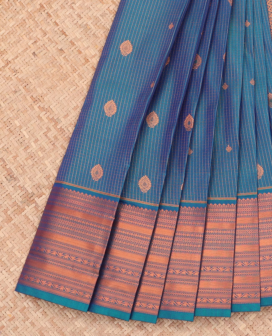 Blue Budget Silk Saree, Features Zari Buttas and Checks All Over Its Body, Highlighted by a Traditional Zari Design Border, Grand Jaal Pallu, and Paired with a Matching Blouse