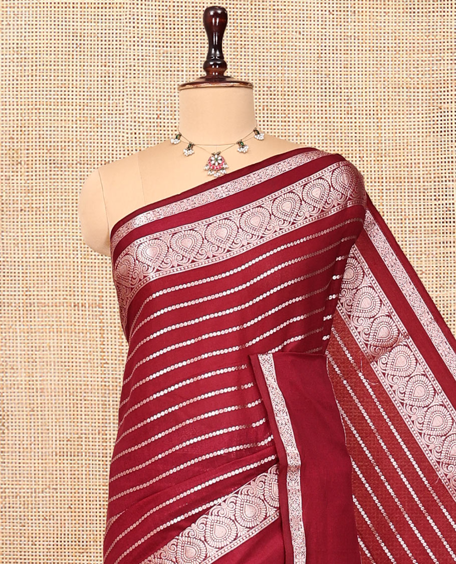 Maroon Assam Silk Saree, Gleamed Up with Zari Stripes, Highlighted by a Traditional Border, a Self-Pallu, and a Matching Blouse