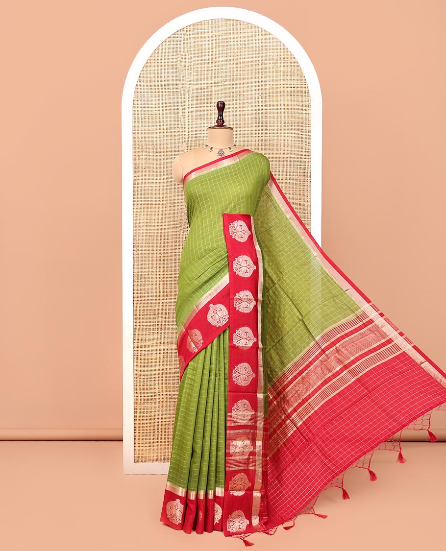 Green Assam Silk Saree, Decked Up with Checks, Complemented by Contrast Peacock Design Border, Zari-Striped Pallu, and a Contrast Blouse