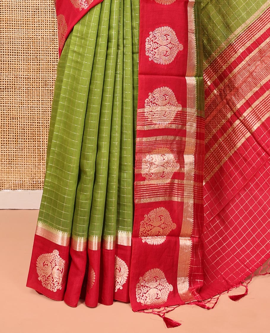 Green Assam Silk Saree, Decked Up with Checks, Complemented by Contrast Peacock Design Border, Zari-Striped Pallu, and a Contrast Blouse