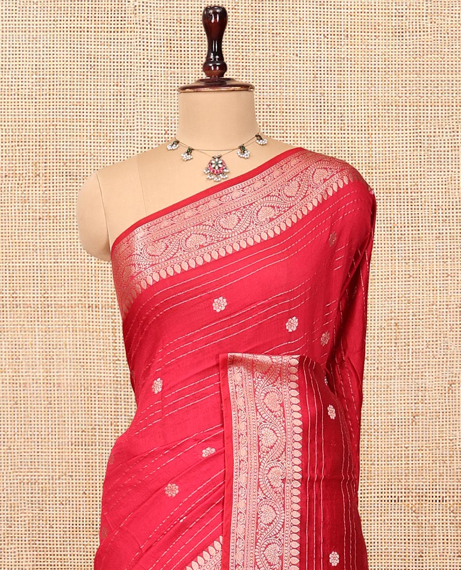 Red Assam Silk Saree, Embellished with Zari Buttas and Stripes, Highlighted by a Floral Creeper Zari Border, Zari-Striped Pallu, and a Matching Blouse