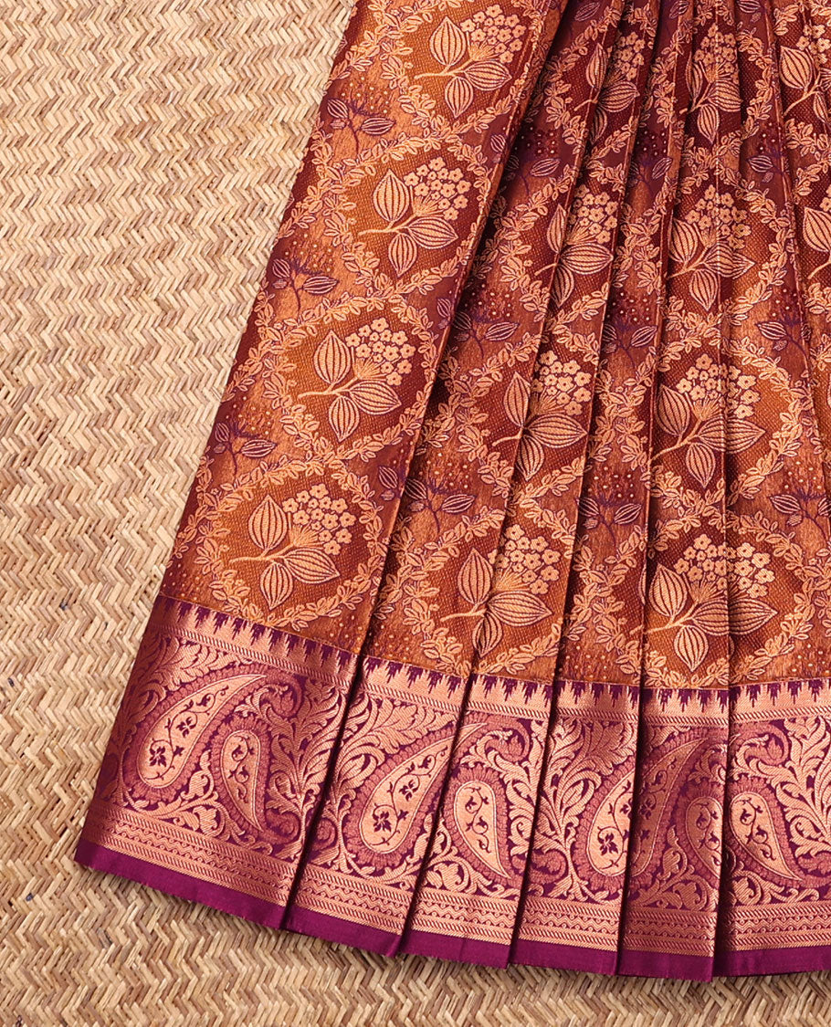 Honey Budget Silk Saree, Elevated with Floral Jacquard, Complemented by Contrast Traditional Zari Border, Intricate Pallu, and a Contrast Blouse