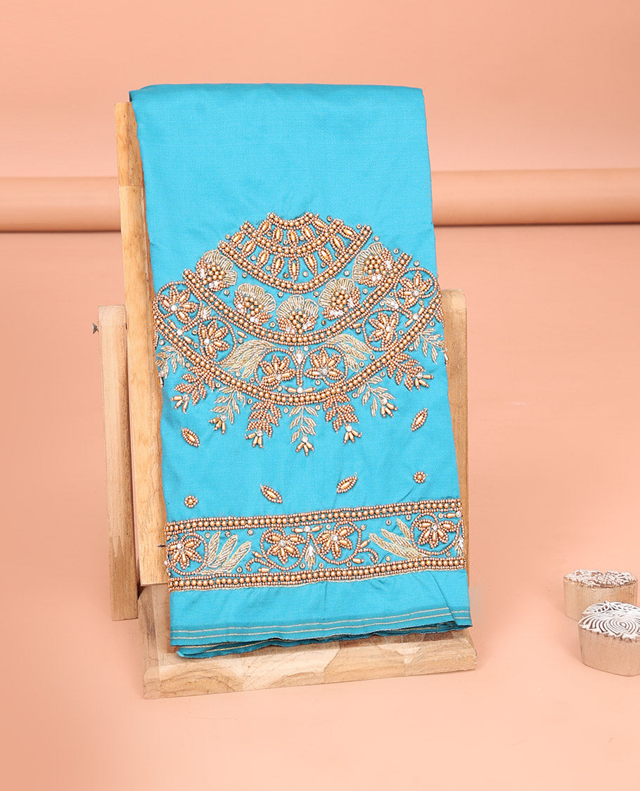 Sky Blue Aari Material Blouse Embellished with Bead and Zarkan Stone Mixed Embroidery