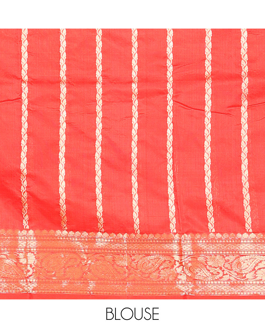 Red zari buttas kathan silk saree, traditional border of paisley creeper designs, and jaal pallu