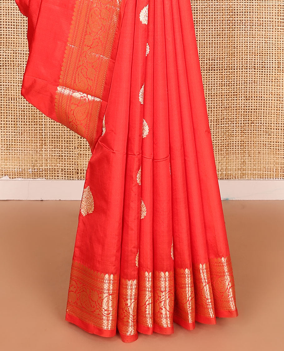 Red zari buttas kathan silk saree, traditional border of paisley creeper designs, and jaal pallu