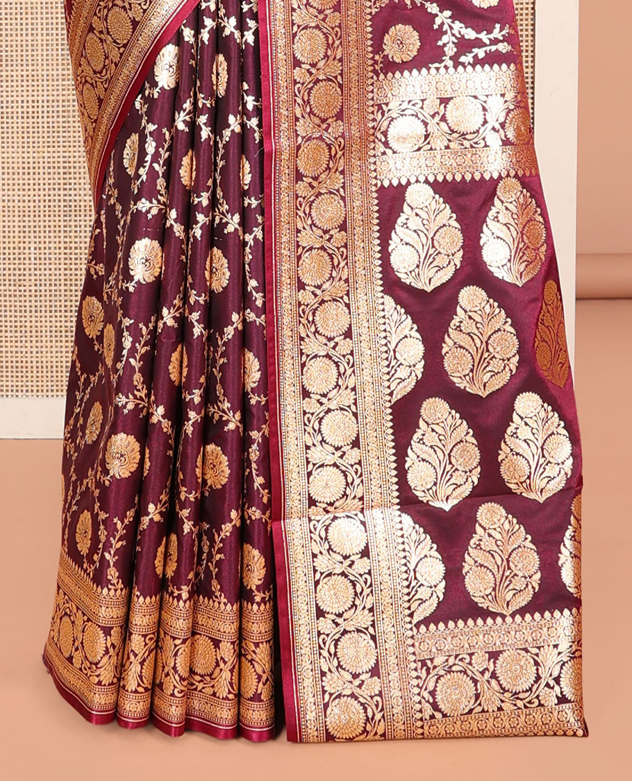 Wine Banarasi Nylon Saree, Mesmerized with Jaal Jacquard, Floral Creeper Zari Border, Intricate Pallu, and a Matching Blouse