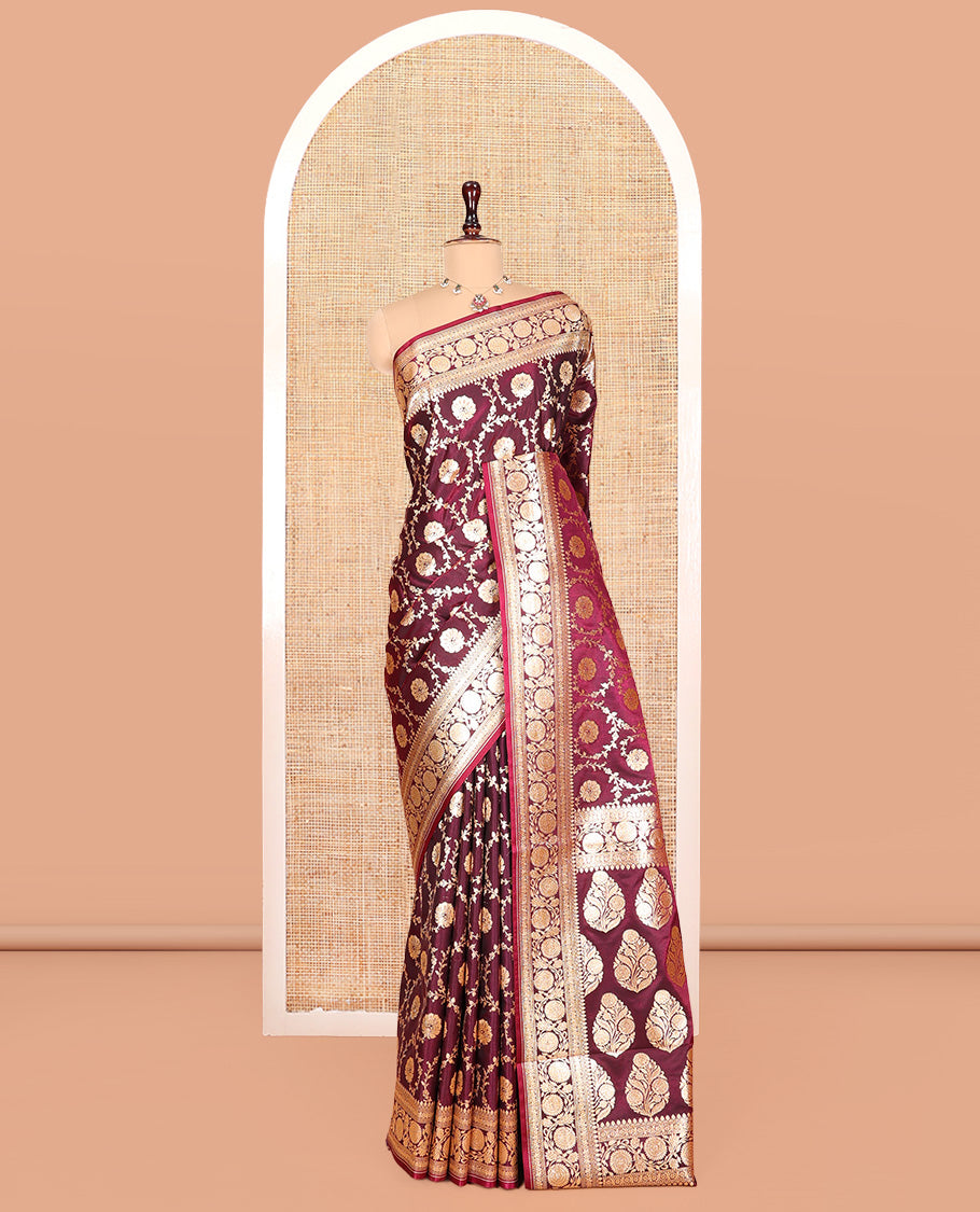 Wine Banarasi Nylon Saree, Mesmerized with Jaal Jacquard, Floral Creeper Zari Border, Intricate Pallu, and a Matching Blouse