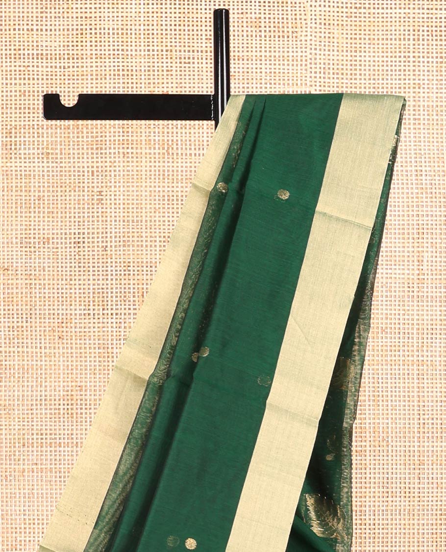 Dark green motifs chanderi cotton saree with contrast border & leaf motifs, striped pallu