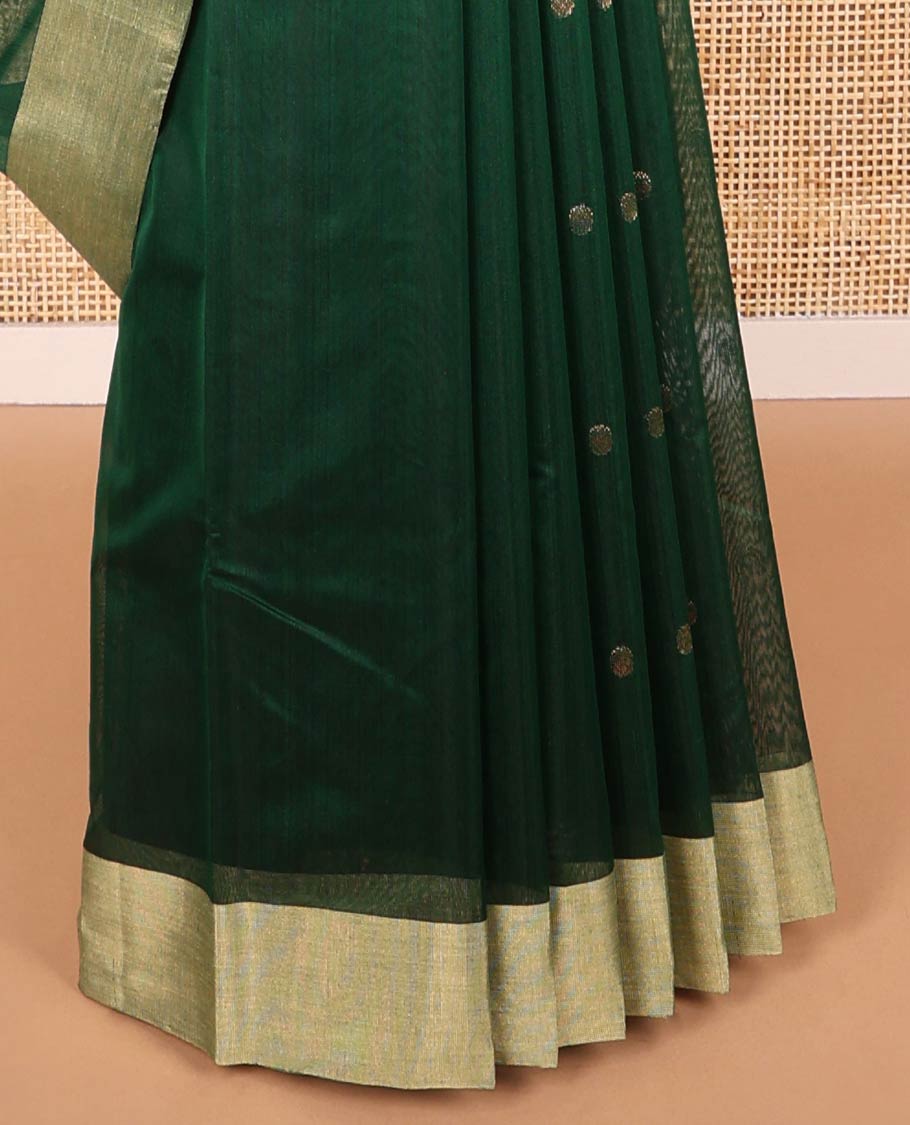 Dark green motifs chanderi cotton saree with contrast border & leaf motifs, striped pallu
