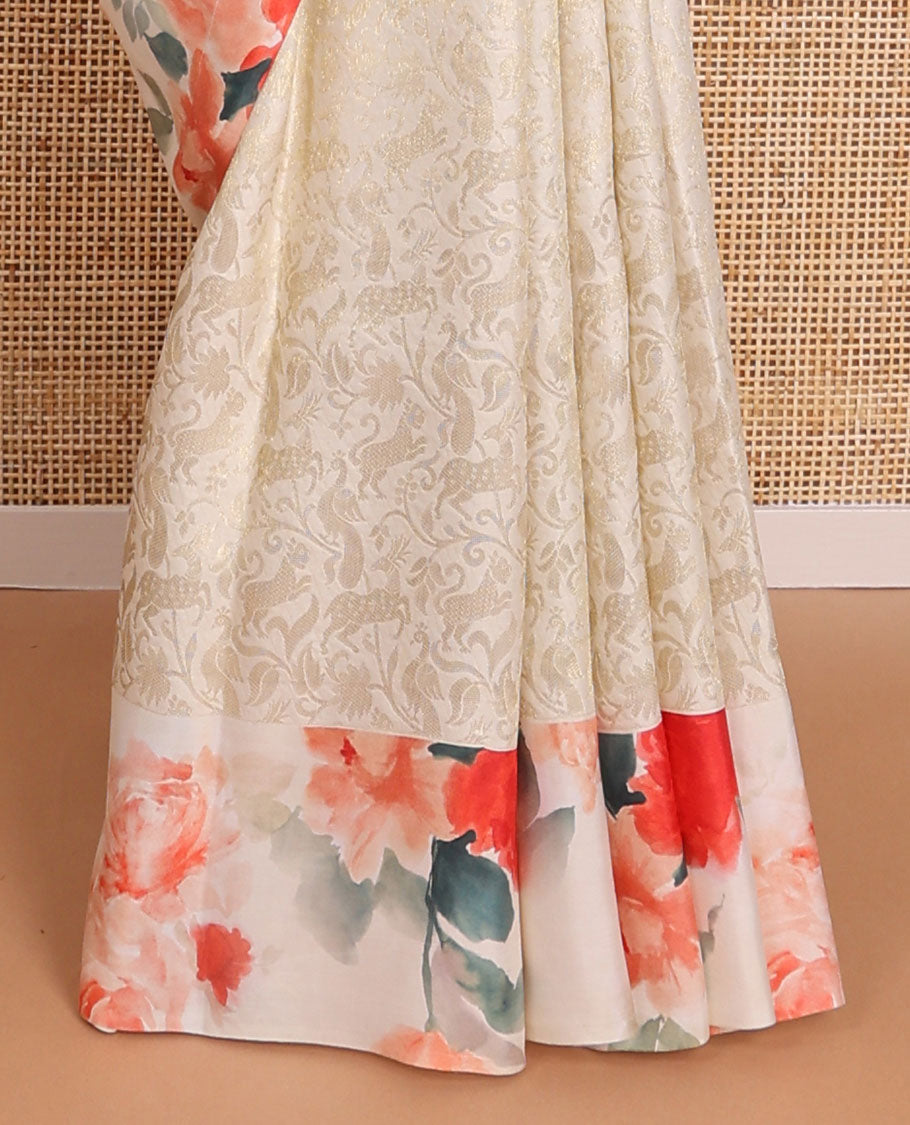 Cream floral jacquard crepe saree with self floral design border & floral printed pallu