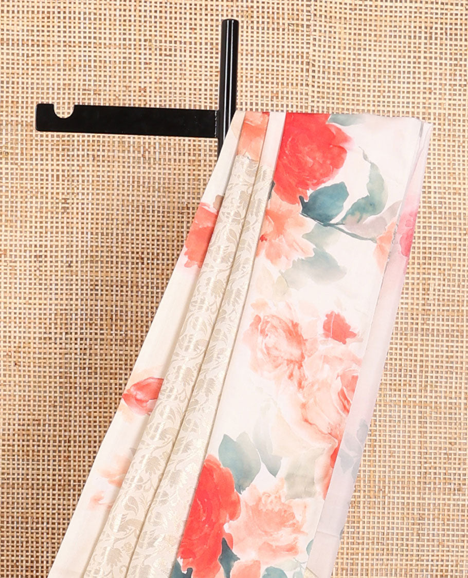 Cream floral jacquard crepe saree with self floral design border & floral printed pallu