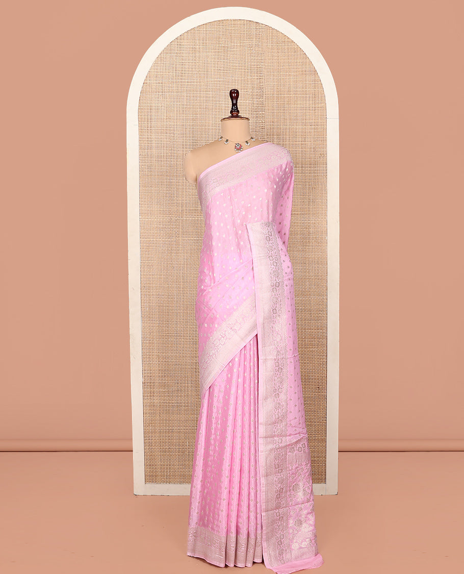 Pink Fancy Crepe Saree, Sparsely Woven with Buttas, a Floral Creeper Border, Floral Design Pallu, and a Matching Blouse