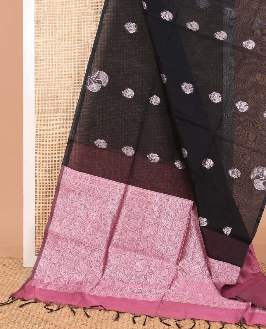 Borderless black flower zari buttas semi silk cotton saree, contrast floral jaal zari pallu