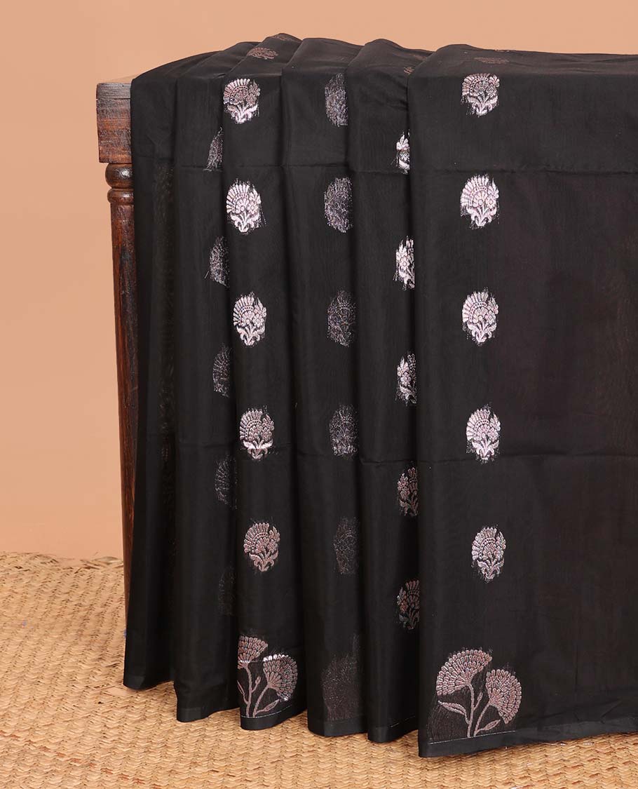 Borderless black flower zari buttas semi silk cotton saree, contrast floral jaal zari pallu