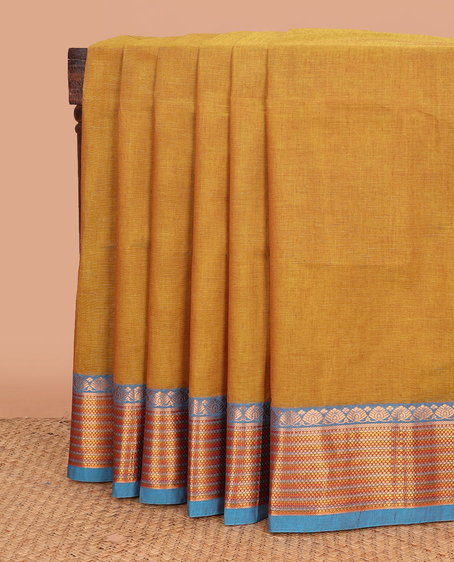 Yellow plain Venkatagiri cotton saree, contrast traditional zari border, and striped pallu