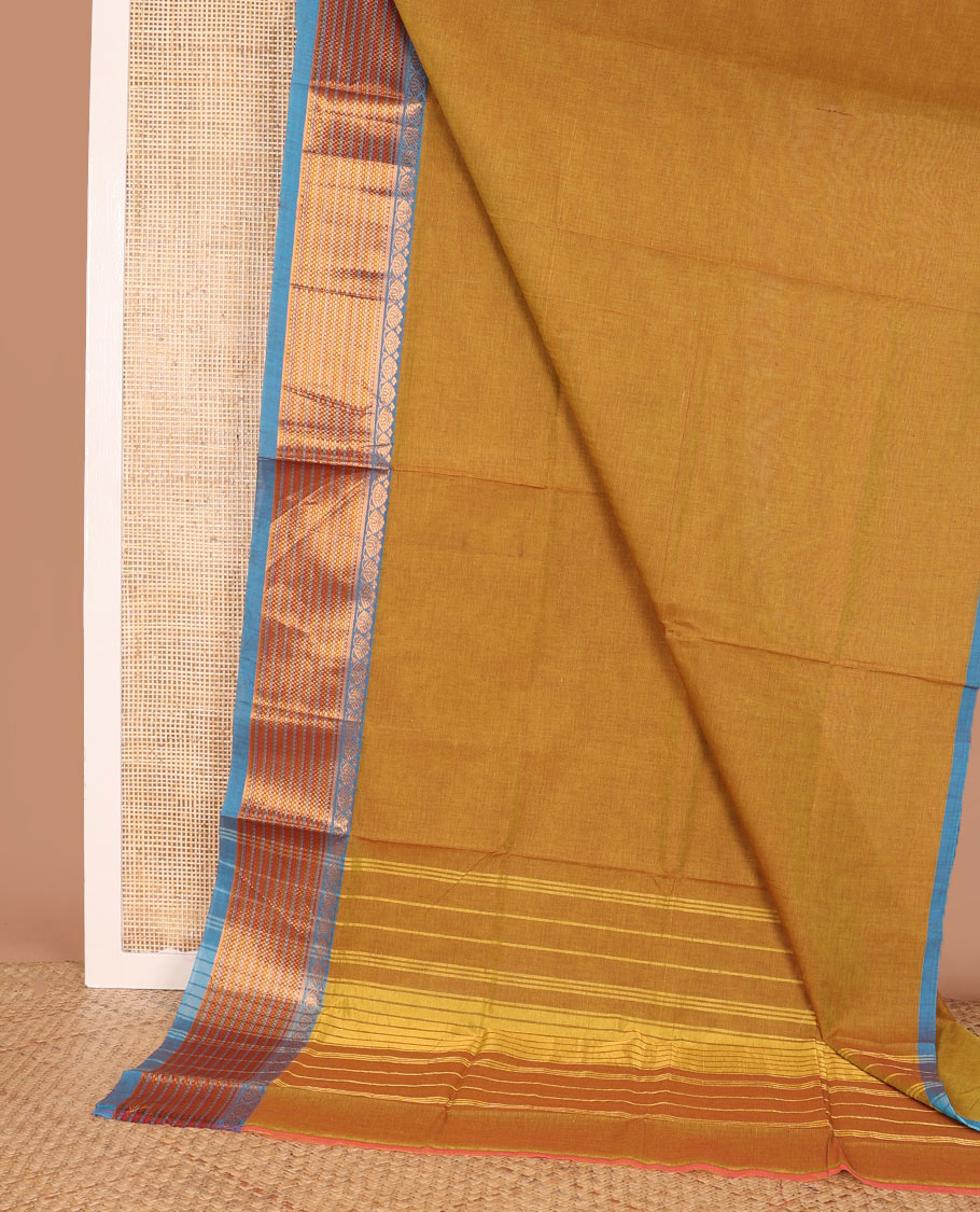 Yellow plain Venkatagiri cotton saree, contrast traditional zari border, and striped pallu