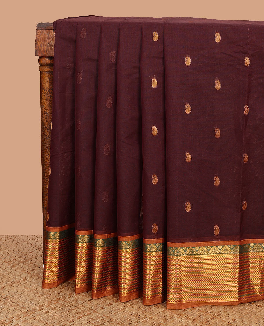 Maroon paisley buttas Venkatagiri cotton saree, contrast traditional zari border, and pallu of zari stripes and paisley buttas