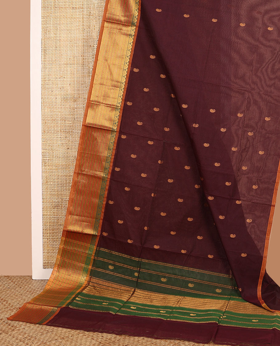 Maroon paisley buttas Venkatagiri cotton saree, contrast traditional zari border, and pallu of zari stripes and paisley buttas