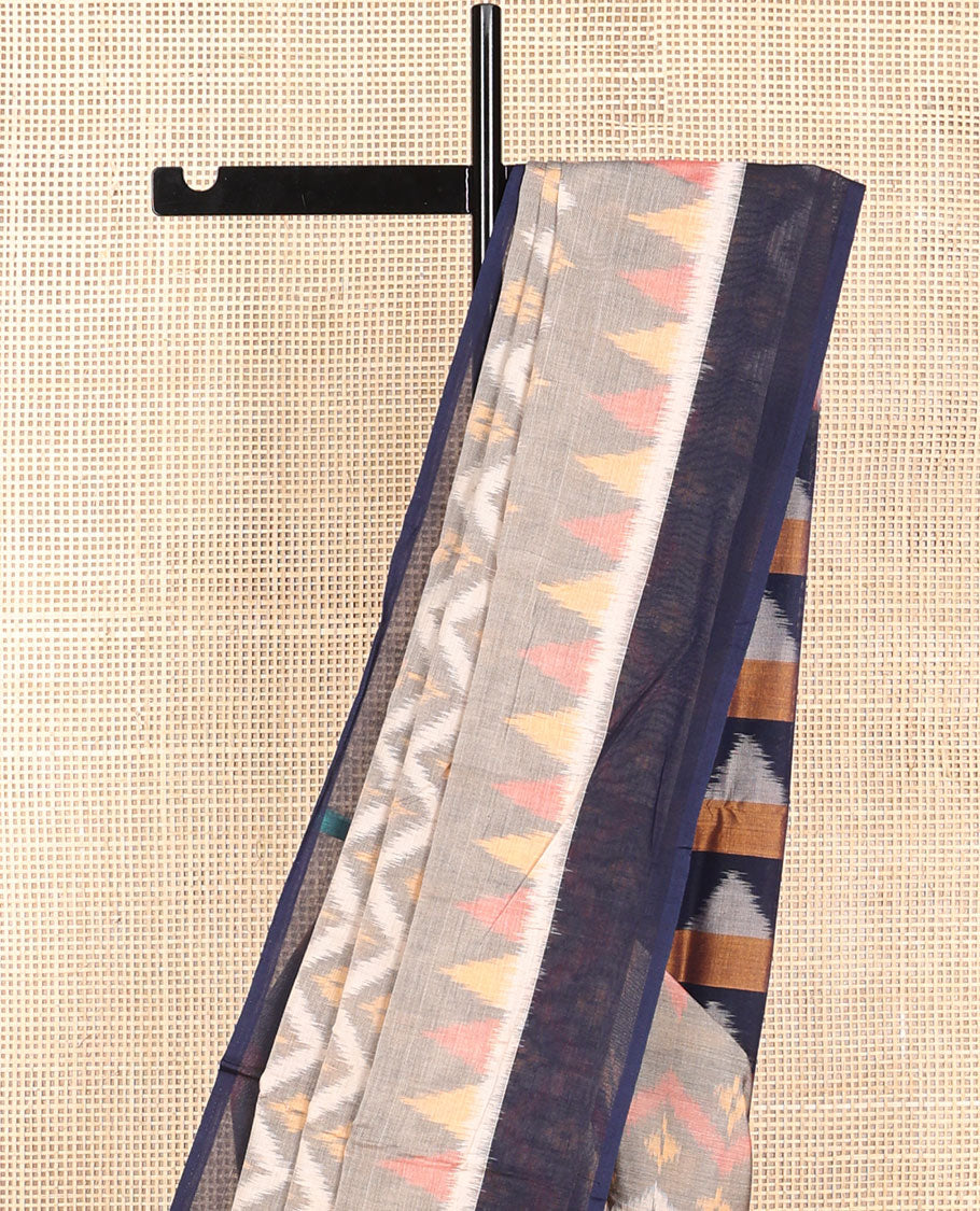 Light grey geometric motifs ikkat cotton saree with contrast border & triangle design pallu