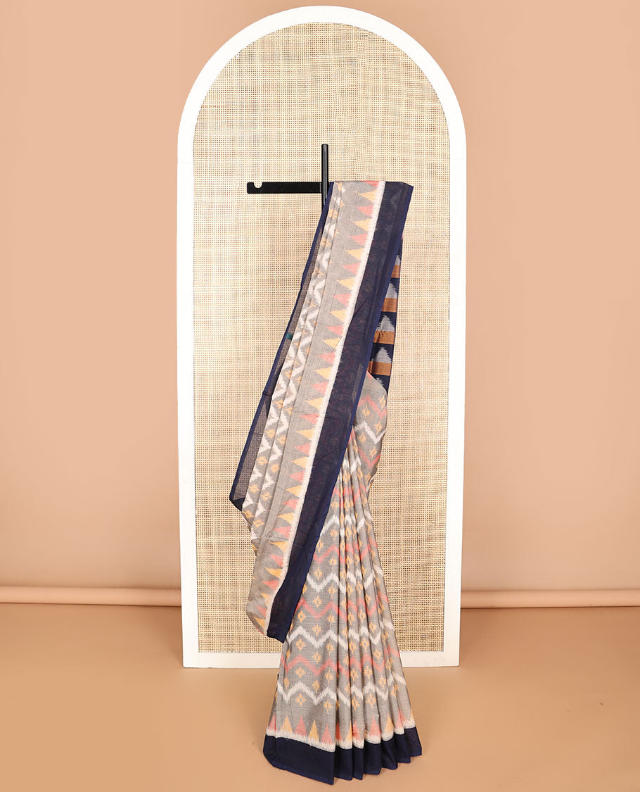 Light grey geometric motifs ikkat cotton saree with contrast border & triangle design pallu