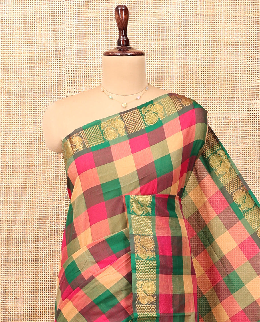 Multi-Color Chettinad Cotton Saree Features Checks, Highlighted by a Peacock Zari Border, Striped Pallu, and a Matching Blouse