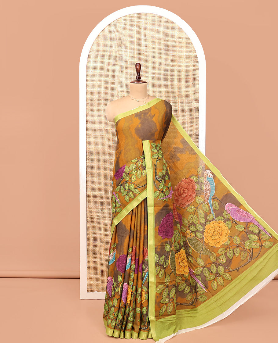 Mustard Andhra Cotton Saree, Artfully Detailed with Shibori Print and Tropical Floral Print, Complemented by a Contrast Zari Border and a Contrast Blouse