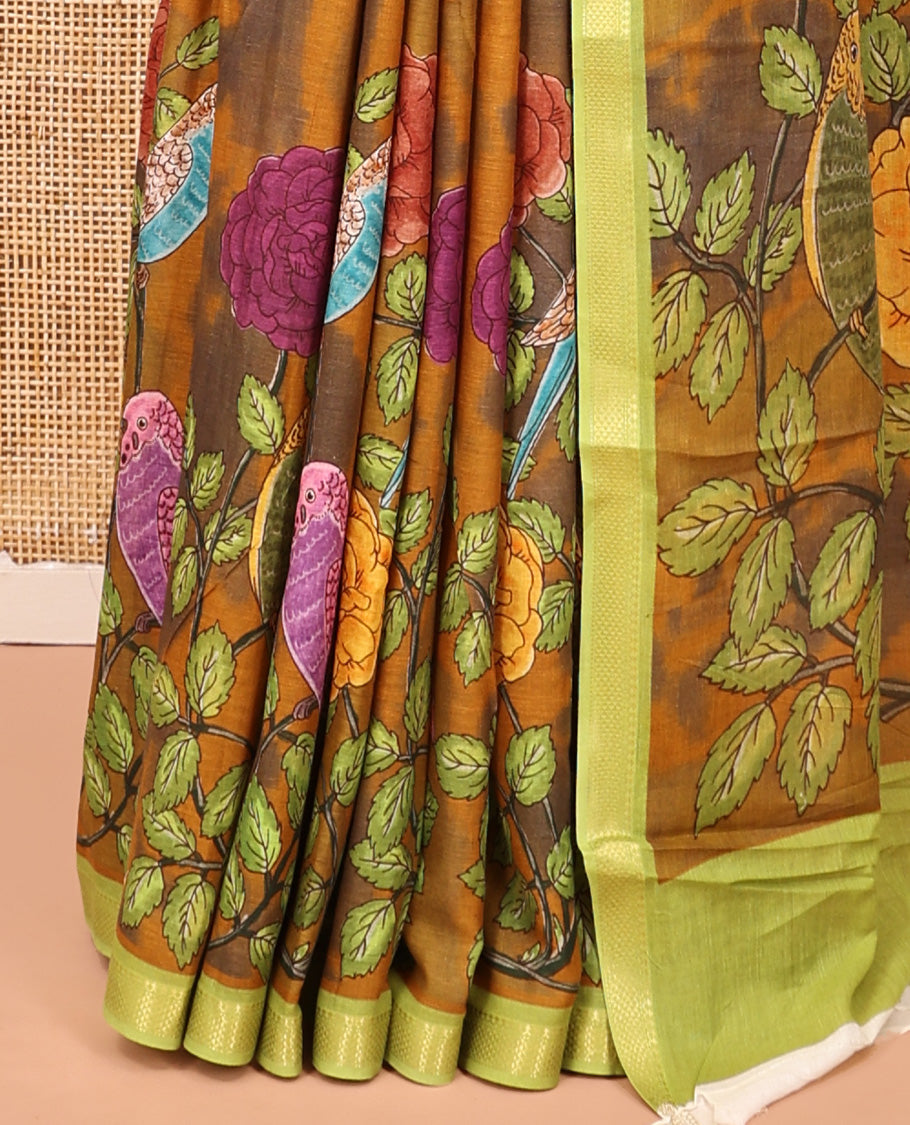 Mustard Andhra Cotton Saree, Artfully Detailed with Shibori Print and Tropical Floral Print, Complemented by a Contrast Zari Border and a Contrast Blouse