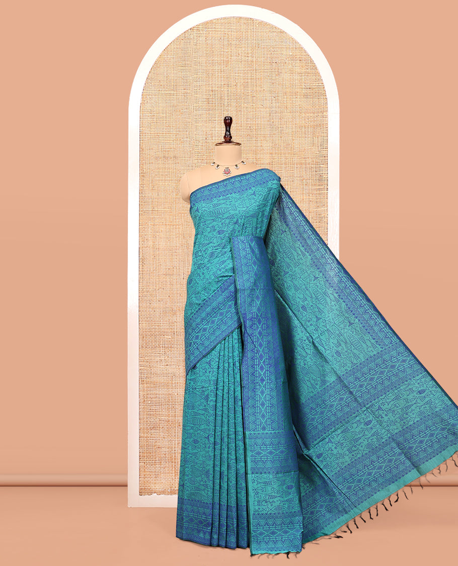 Blue Poly Cotton Saree, Steeped with Fishes, Temple-Printed Border, Printed Pallu, and a Matching Blouse