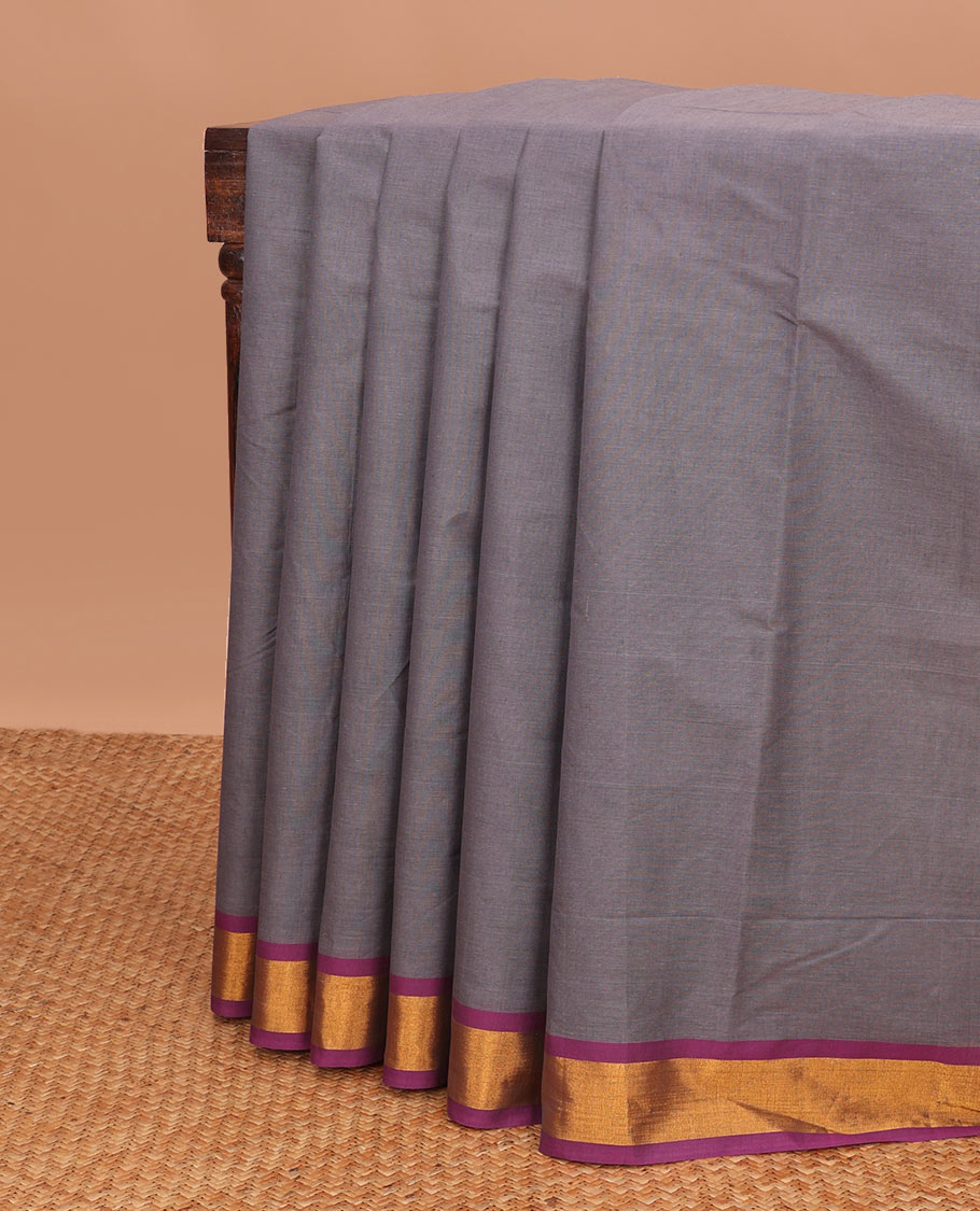 Grey venkatagiri cotton saree with contrast zari border & striped pallu