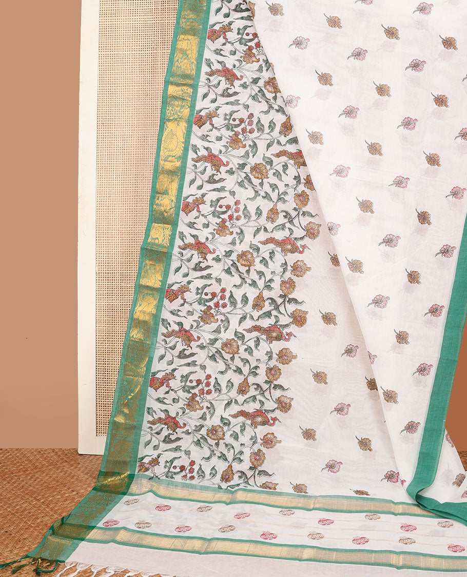 White floral vine & bird motifs printed Andhra cotton saree, contrast floral & paisley zari border & pot motifs printed pallu