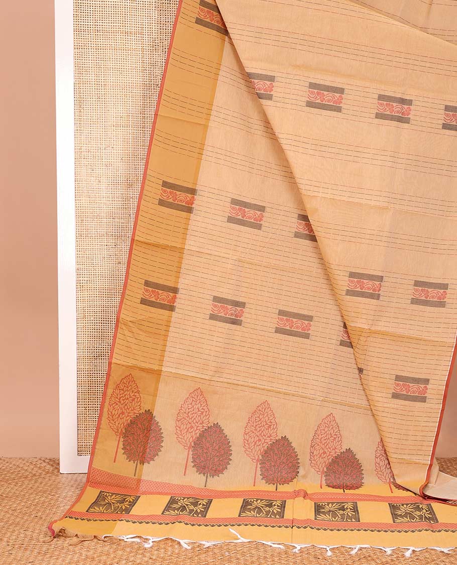 Sandal dotted stripes, and square buttas Coimbatore cotton saree, contrast dotted stripes, and square buttas border, and pallu of floral motifs
