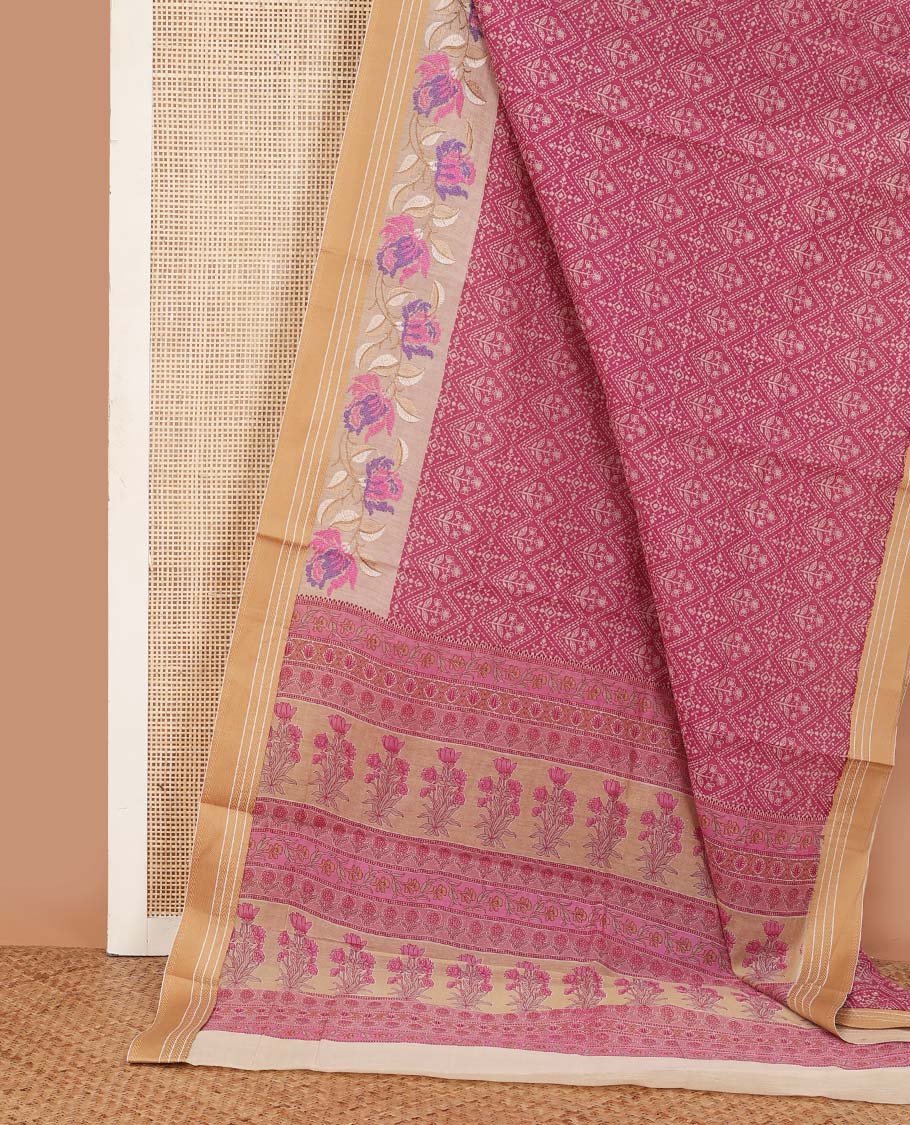 Pink diamond patterned chanderi cotton saree, contrast border of floral multi-color thread embroidery, and printed pallu