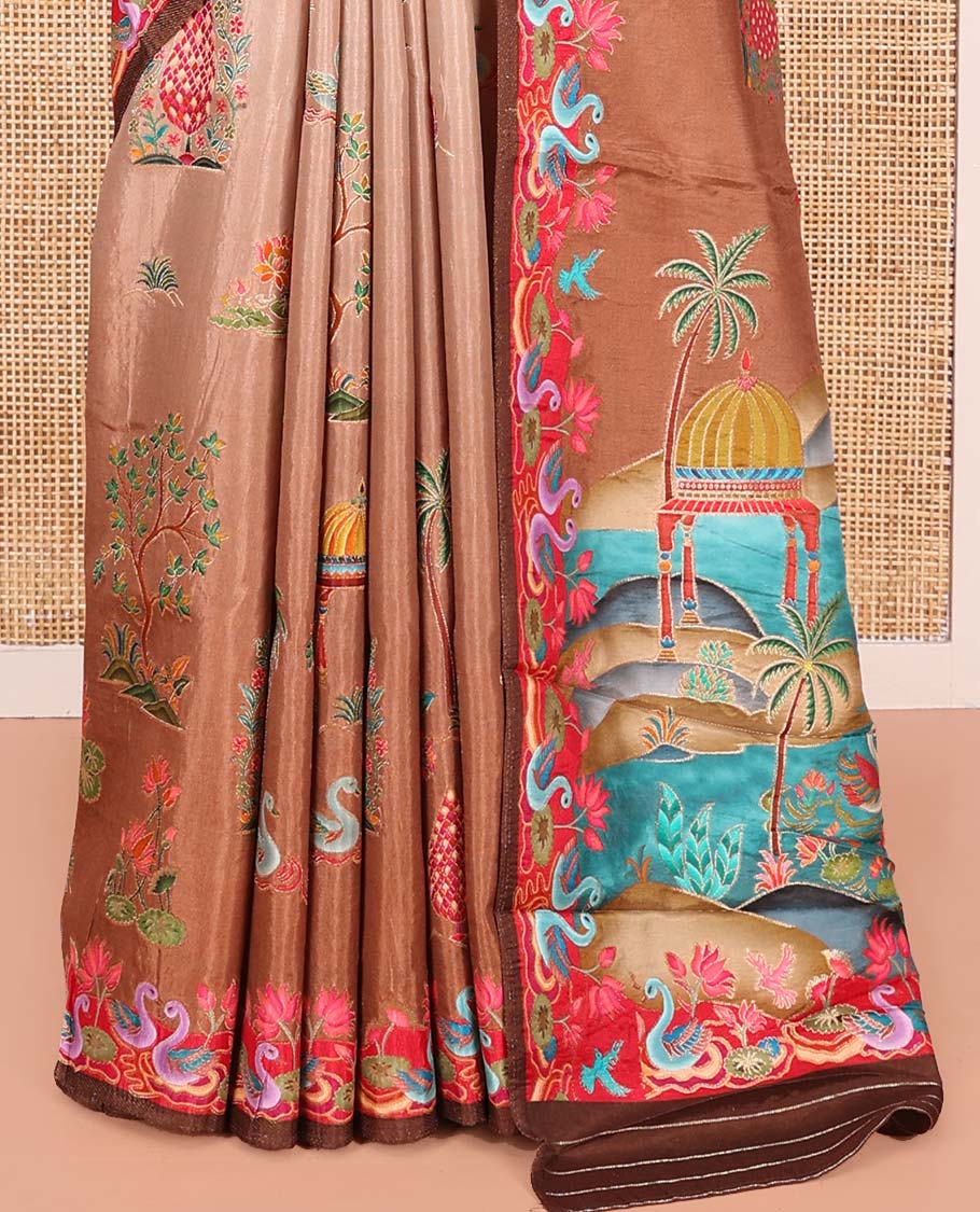 Pale Brown Dola Silk Saree, Richly Detailed with Mughal-Style Design on Its Body, Complemented by Contrast Floral-Bird Printed Border, Mughal-Style Printed Pallu, and Paired with a Contrast Blouse