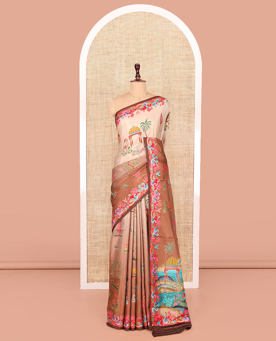 Pale Brown Dola Silk Saree, Richly Detailed with Mughal-Style Design on Its Body, Complemented by Contrast Floral-Bird Printed Border, Mughal-Style Printed Pallu, and Paired with a Contrast Blouse