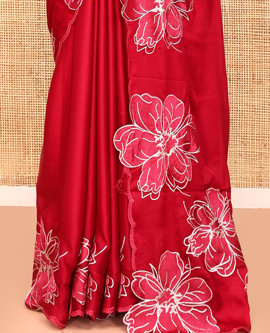 Red Satin Organza Saree, Steeped in the Prettiness of Floral Embroidery, Floral Embroidered Scallop Border, and a Matching Blouse