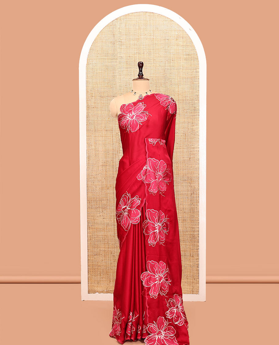 Red Satin Organza Saree, Steeped in the Prettiness of Floral Embroidery, Floral Embroidered Scallop Border, and a Matching Blouse