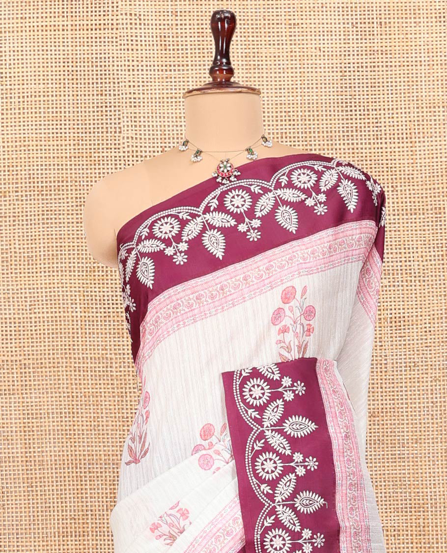 Wine Green-Silk Saree, Detailed with Floral Motifs, Block Print on Its Body, Complemented by a Contrast Thread Embroidered Border, Pallu of Floral Block Print, and Paired with a Contrast Blouse