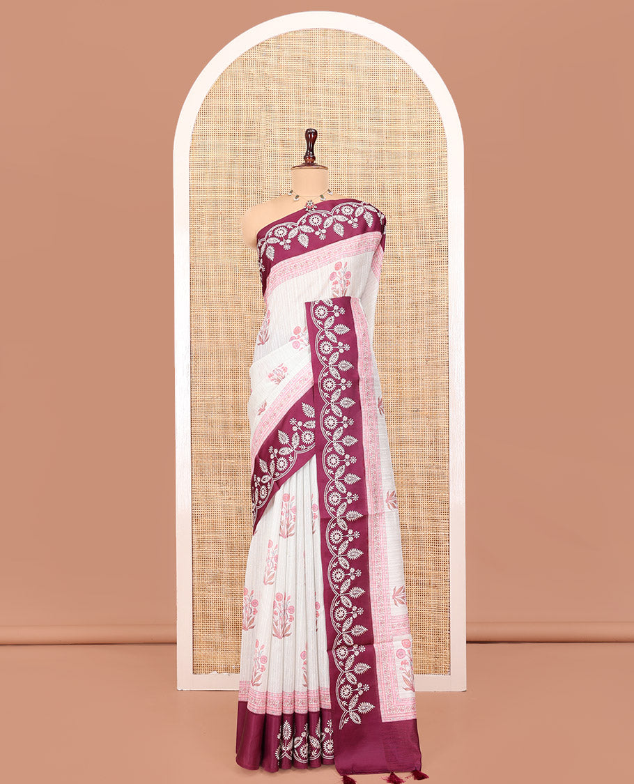 Wine Green-Silk Saree, Detailed with Floral Motifs, Block Print on Its Body, Complemented by a Contrast Thread Embroidered Border, Pallu of Floral Block Print, and Paired with a Contrast Blouse