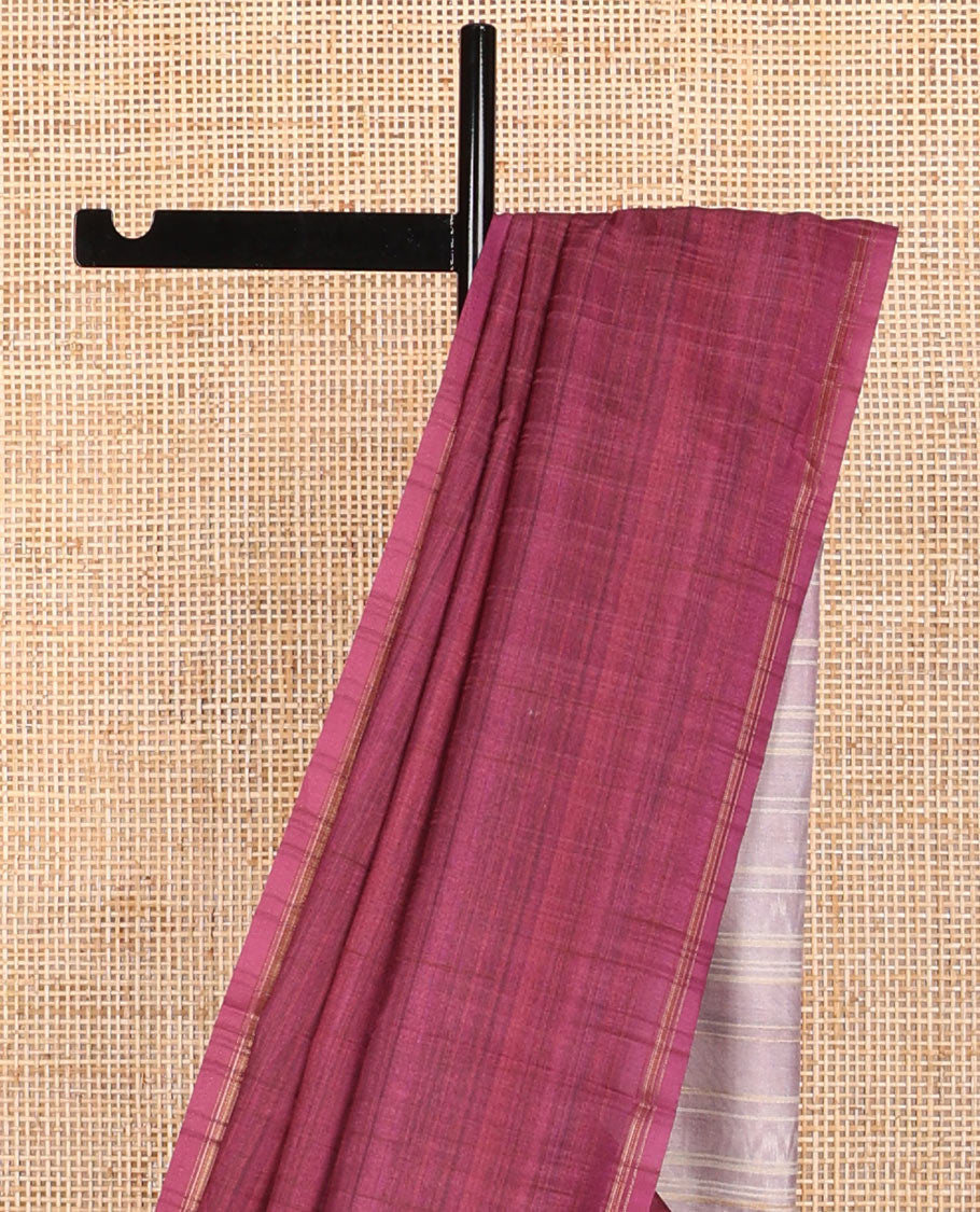 Borderless maroon kamala silk saree with abstract design pallu & ikkat style blouse