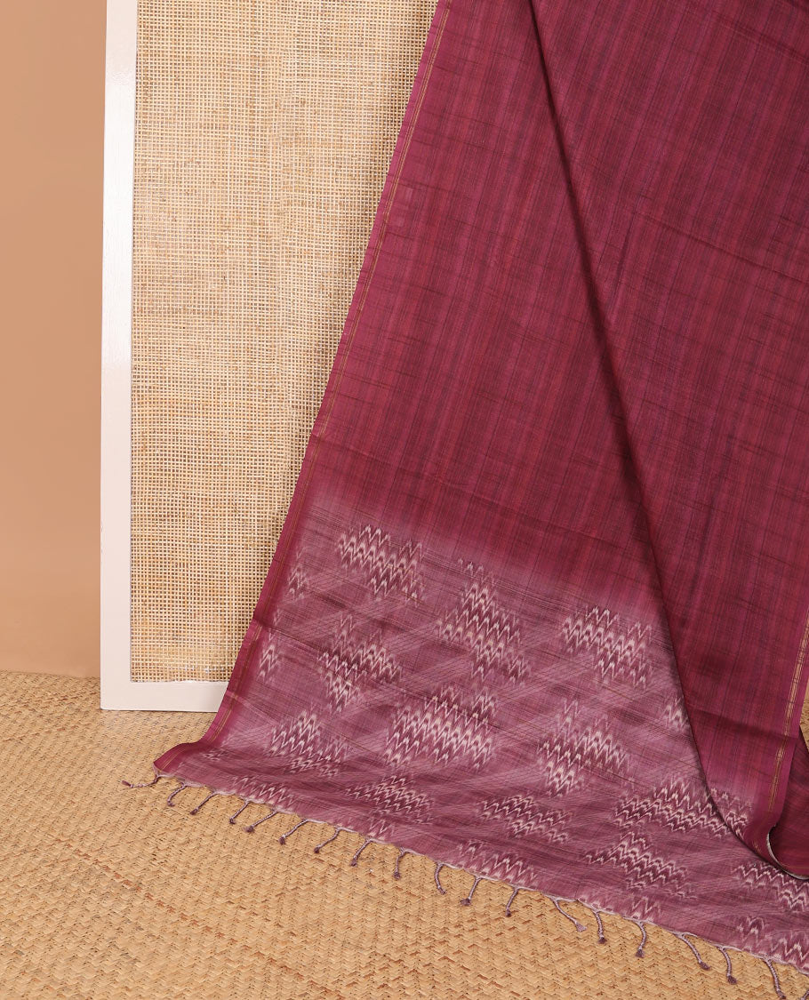 Borderless maroon kamala silk saree with abstract design pallu & ikkat style blouse