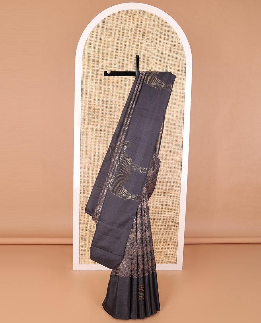 Black floral vine design kanchipuram designer silk saree with self zebra design border & intricate zari design pallu