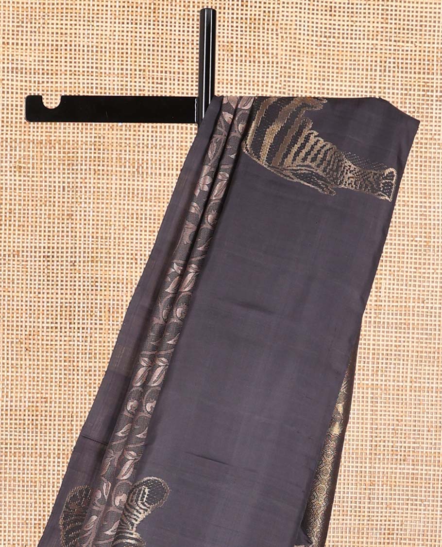 Black floral vine design kanchipuram designer silk saree with self zebra design border & intricate zari design pallu