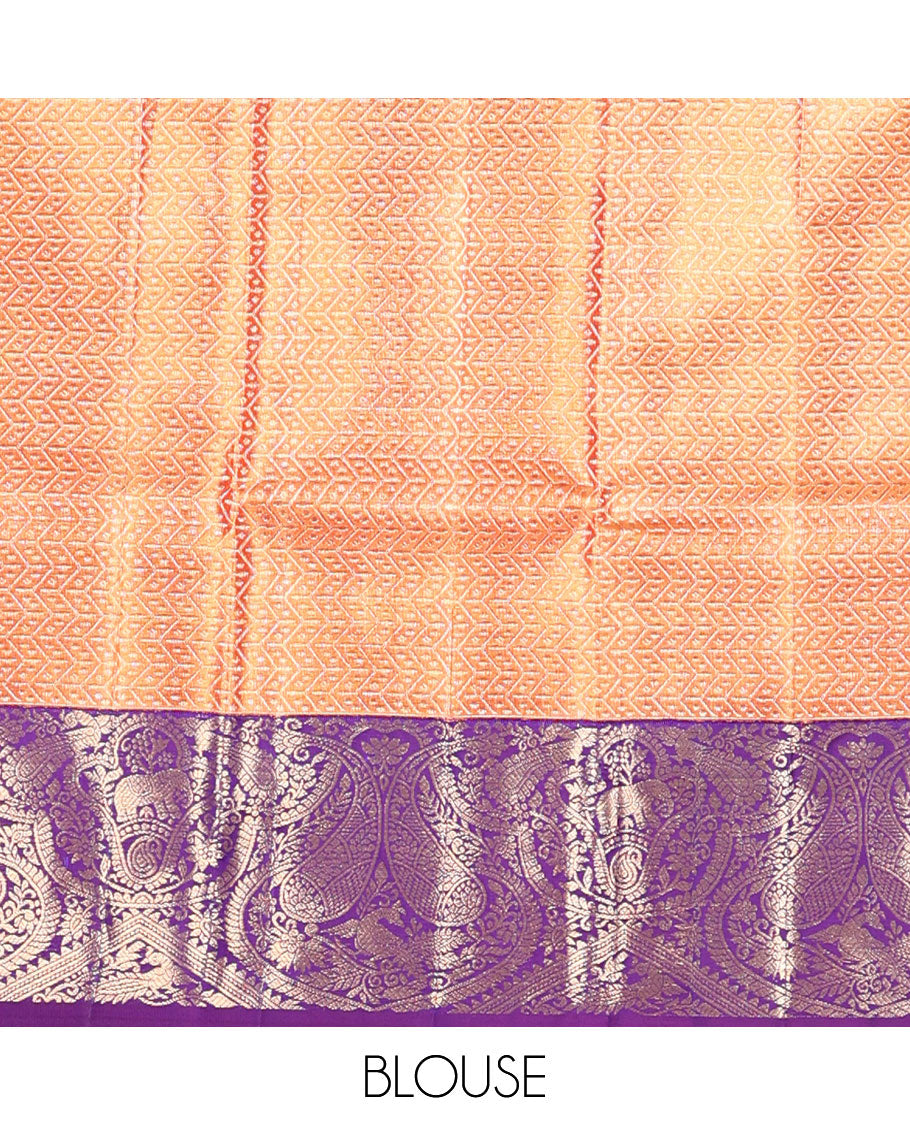 Sandal silk saree with zari buttas, contrast ganga jamuna border of kamalam, mayil, yaanai & manga designs & zari geometric patterned pallu